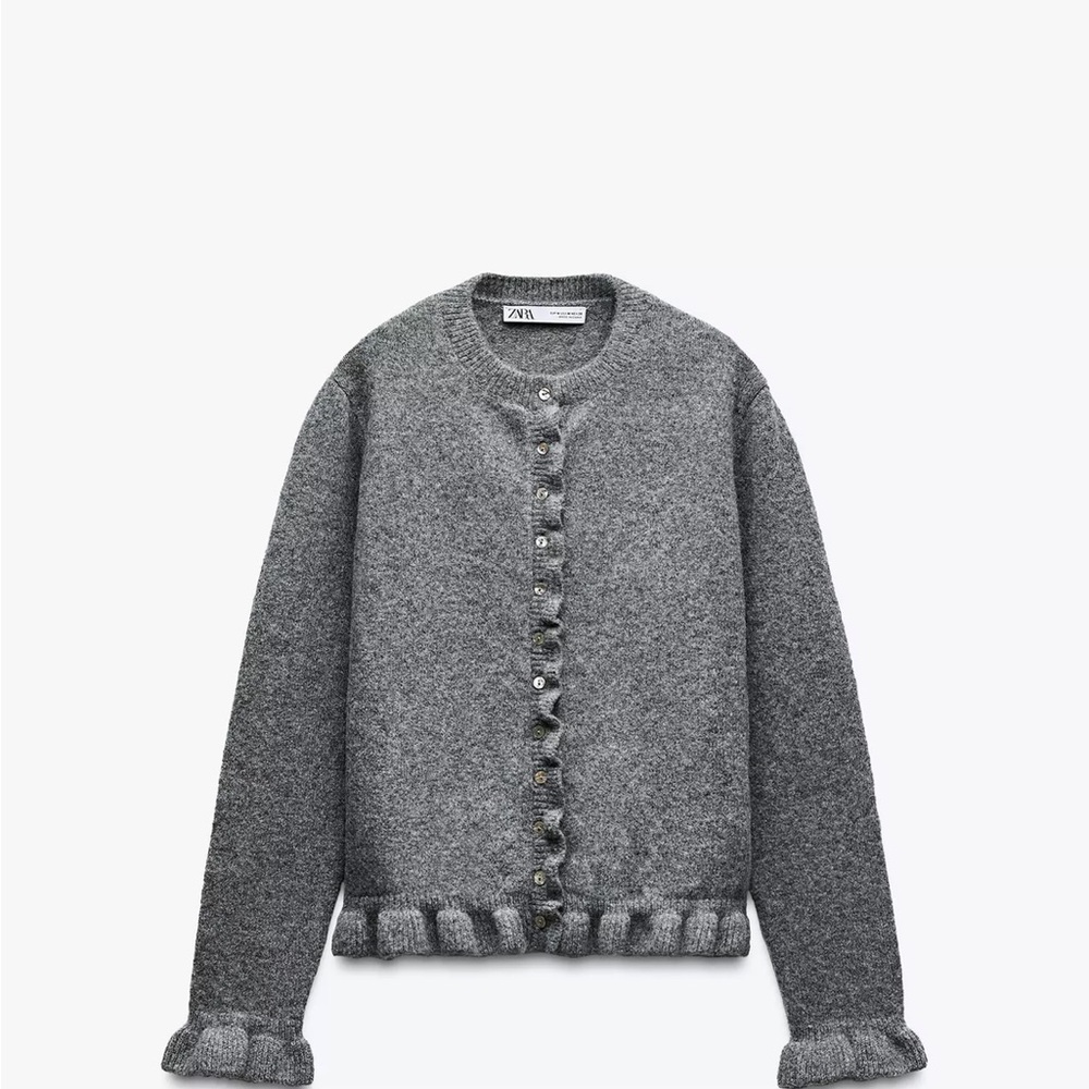 Zara Dark Grey Ruffle-Trim Button Cardigan
